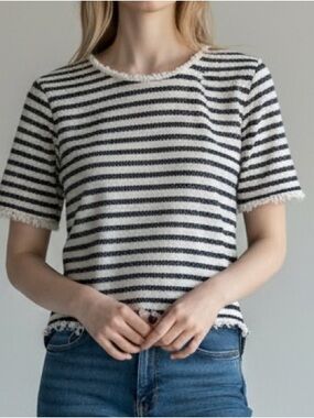 Saks Fifth Avenue Navy and White Striped Knit Tee